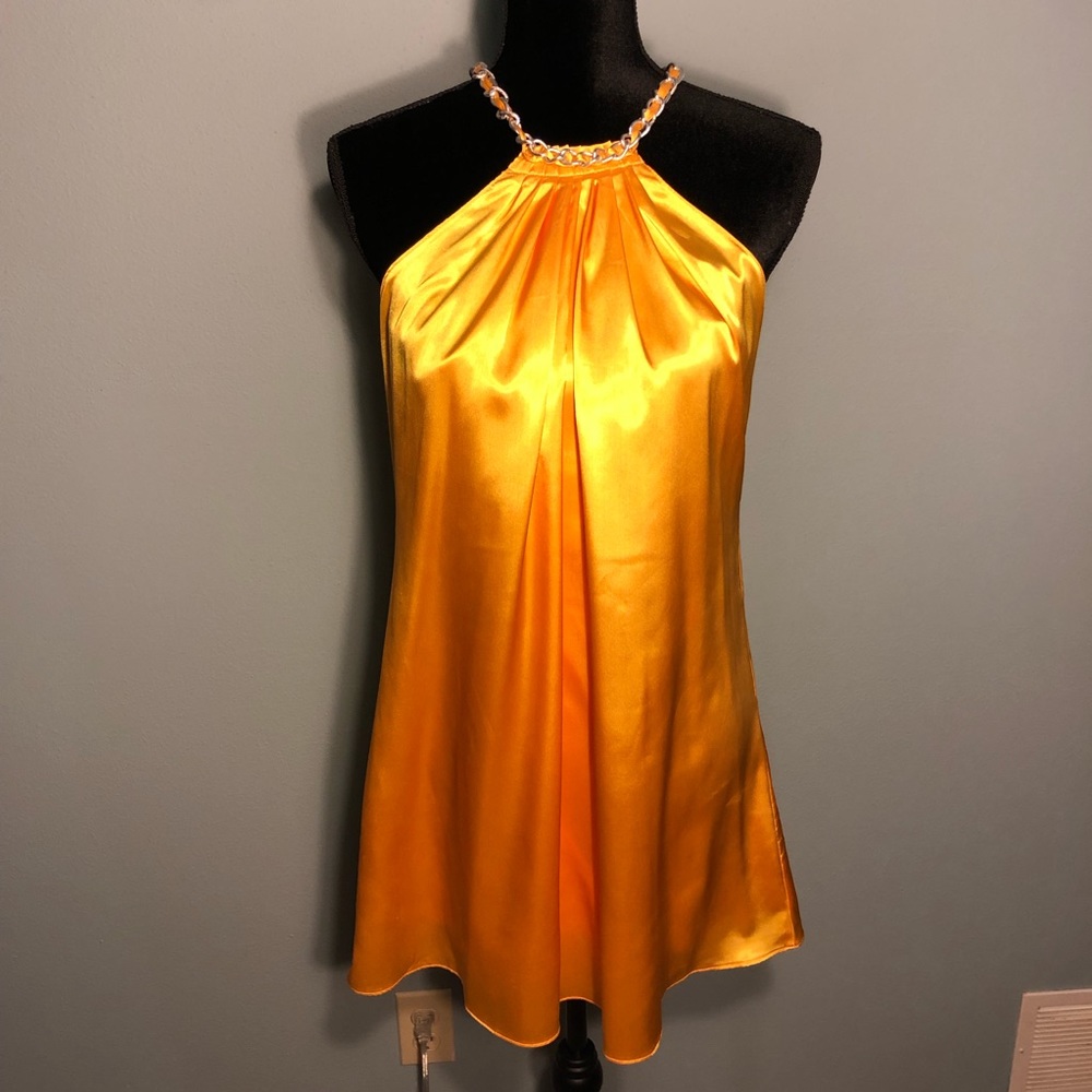 NWT Halter gold dress with silver chain neckline